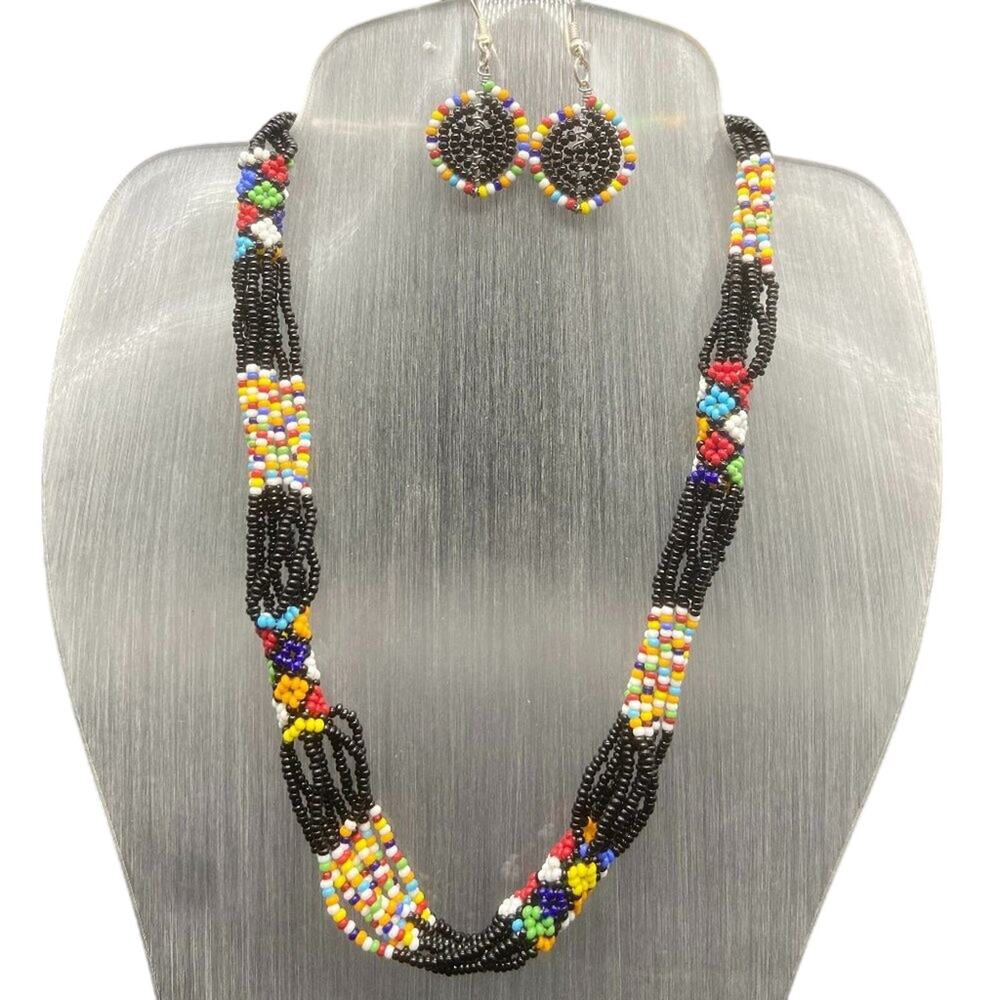 NWOT Black Maasai Multi Strand Bead w/multi colored flowers-Stndrd Length w/clsp